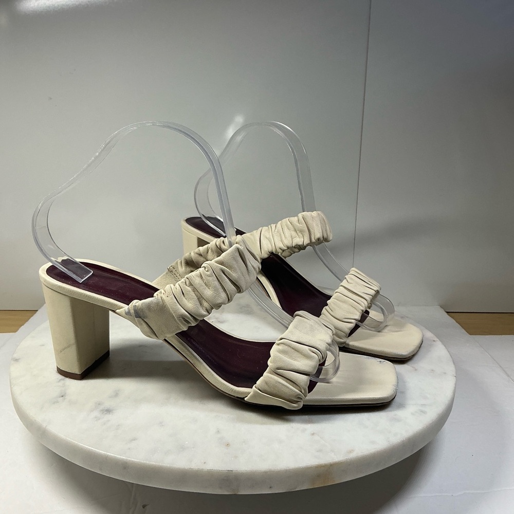 Staud Women Size 41 Frankie Cream Leather Sandal Ruched Heel